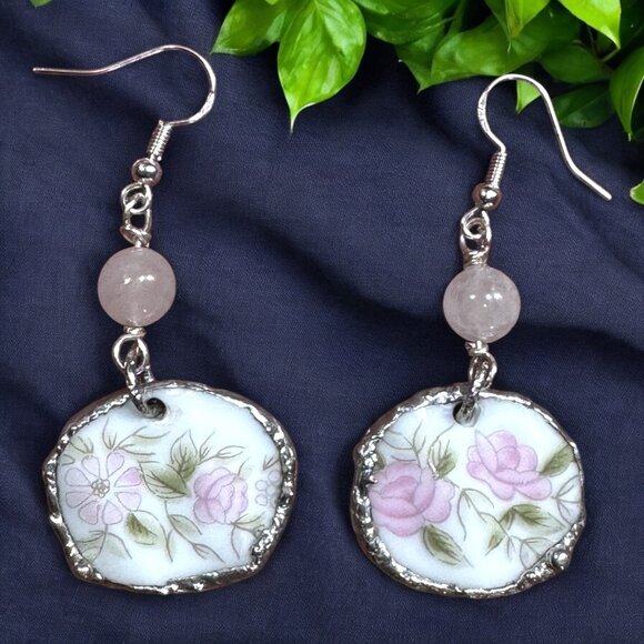 Broken China Floral Earrings W/ 925 Hooks & Silver Blend Bezel With Rose Quartz - Picture 11 of 14